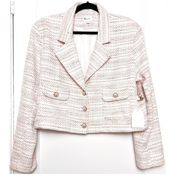 NWT REVOLVE X SONG OF STYLE Pastel Tweed Pearl Button Structured Crop Blazer XXL - Picture 3 of 9